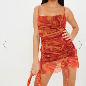 ORANGE MESH MARBLE PRINT RUCHED BODYCON DRESS
